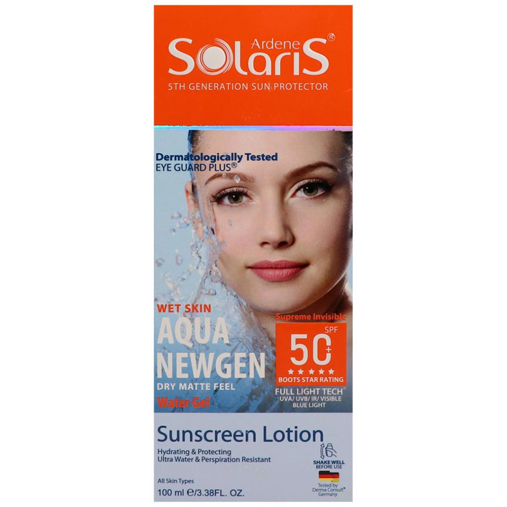 لوسیون آبی ضد آفتاب فاقد چربی SPF50 انواع پوست آردن سولاریس