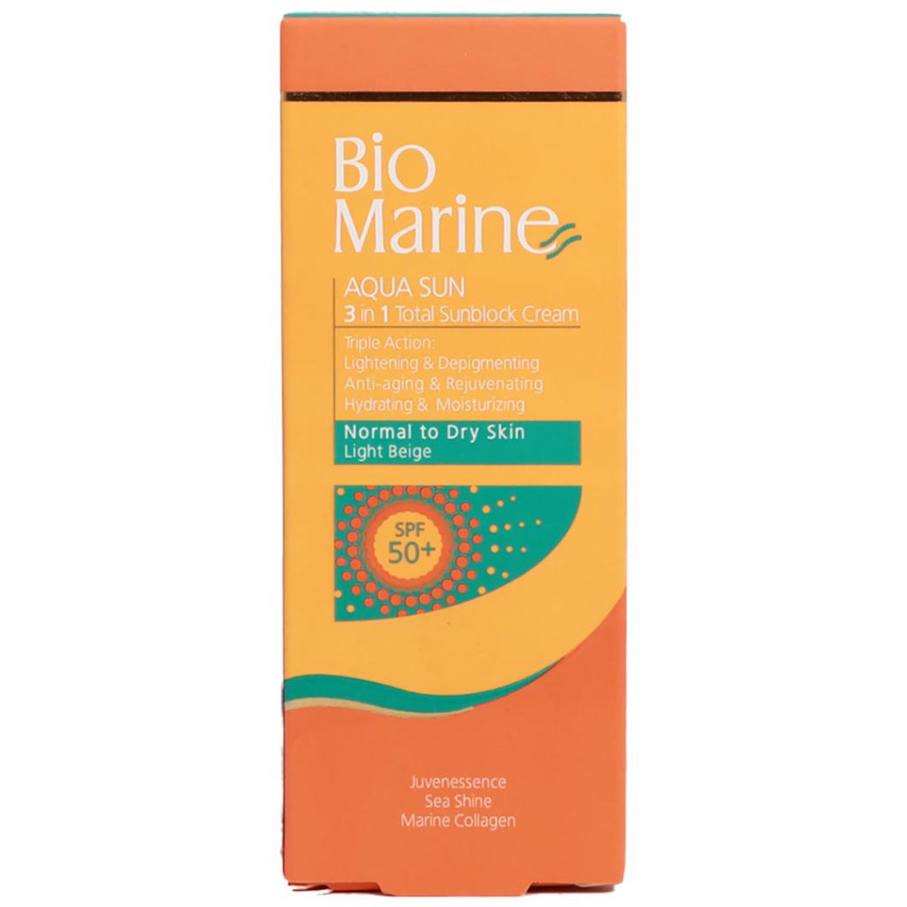 کرم ضد آفتاب رنگی بژ روشن مناسب پوست معمولی و خشک SPF50 حاوی عصاره جلبک های دریایی بایومارین