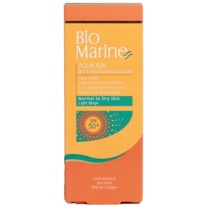 کرم ضد آفتاب رنگی بژ روشن مناسب پوست معمولی و خشک SPF50 حاوی عصاره جلبک های دریایی بایومارین