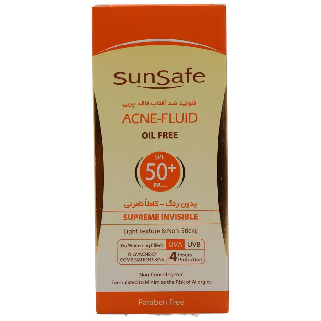 فلوئید ضد آفتاب فاقد چربی بی رنگ SPF50 مناسب پوست چرب و آکنه ای سان سیف