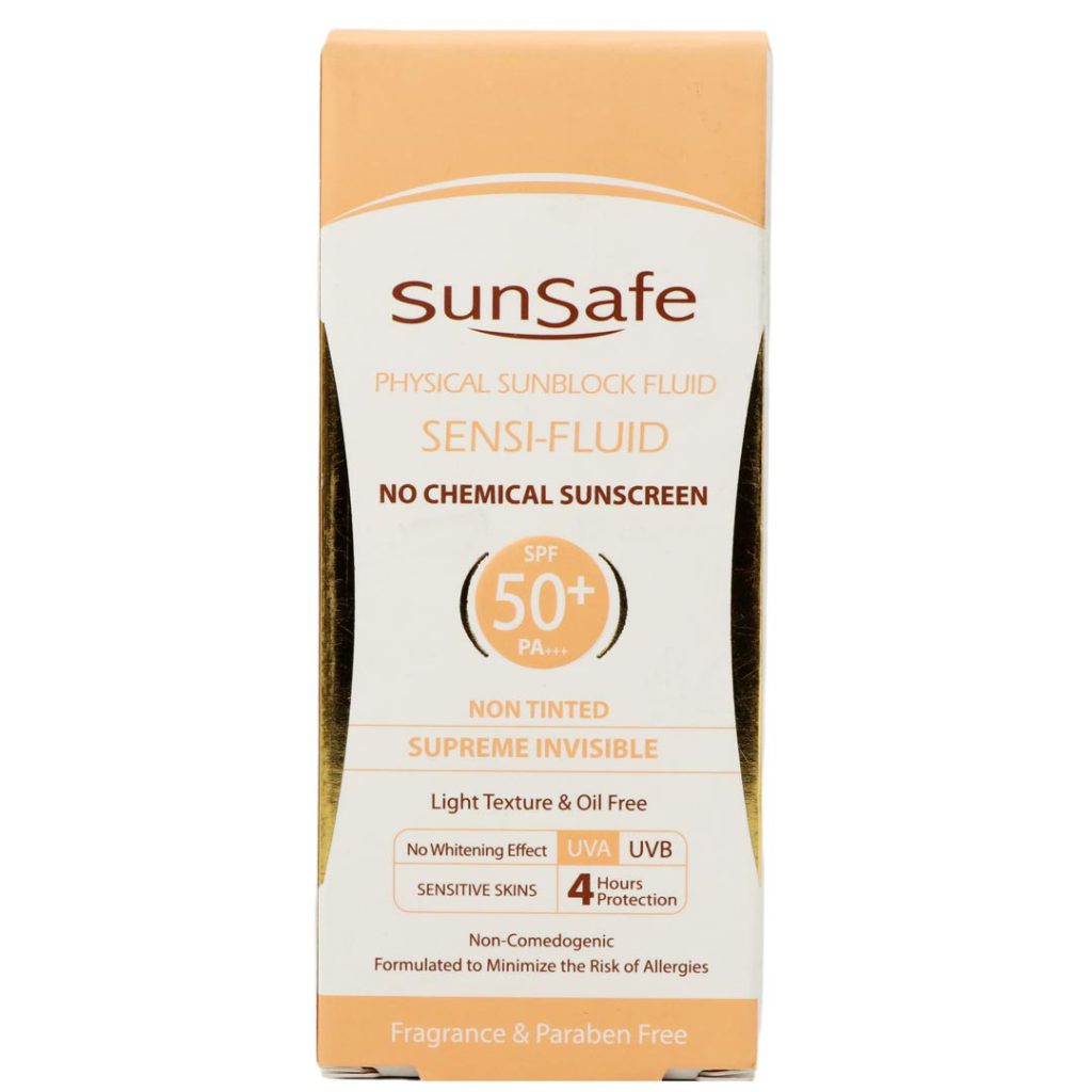 فلوئید ضد آفتاب فیزیکال فاقد چربی بی رنگ SPF50 پوست های حساس و مستعد به قرمزی سان سیف 50 میل