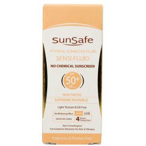 فلوئید ضد آفتاب فیزیکال فاقد چربی بی رنگ SPF50 پوست های حساس و مستعد به قرمزی سان سیف 50 میل