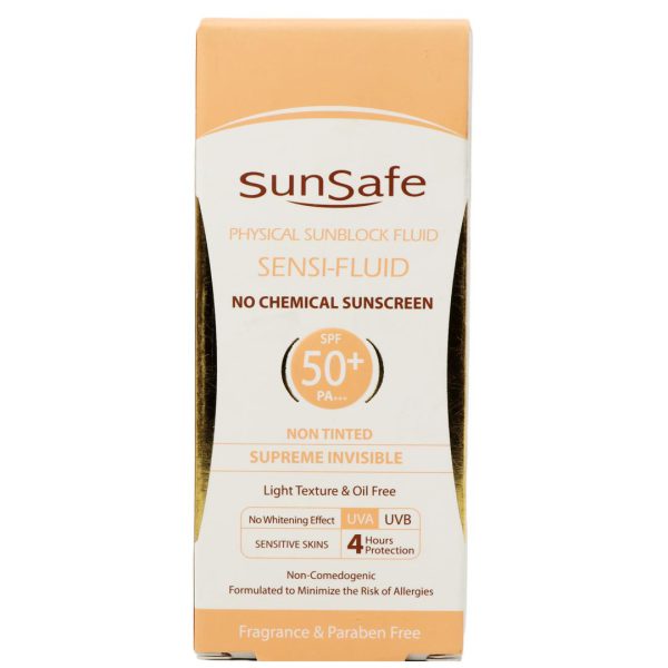 فلوئید ضد آفتاب فیزیکال فاقد چربی بی رنگ SPF50 پوست های حساس و مستعد به قرمزی سان سیف 50 میل