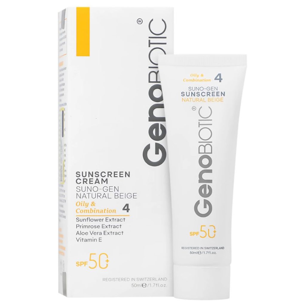 کرم ضد آفتاب رنگی بژ طبیعی SPF50 پوست های چرب و مختلط ژنوبایوتیک