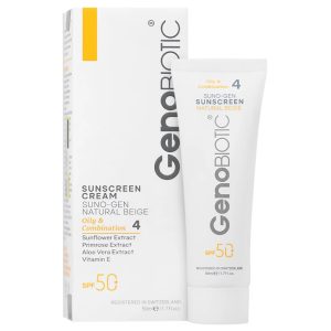 کرم ضد آفتاب رنگی بژ طبیعی SPF50 پوست های چرب و مختلط ژنوبایوتیک