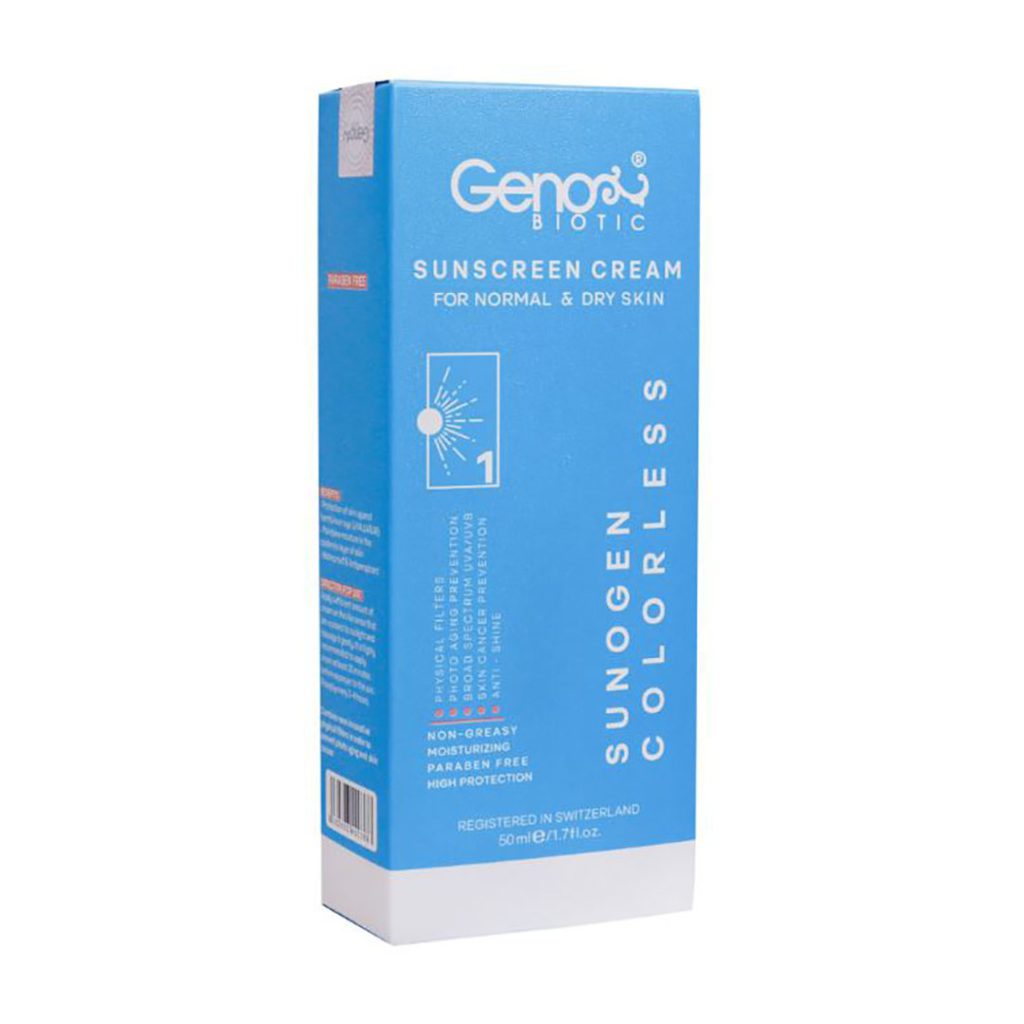 کرم ضد آفتاب بی رنگ SPF50 پوست های خشک و معمولی ژنوبایوتیک