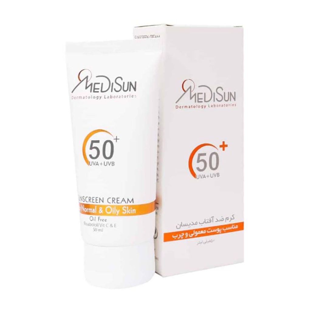 کرم ضد آفتاب فاقد چربی بی رنگ SPF50 پوست معمولی و چرب مدیسان